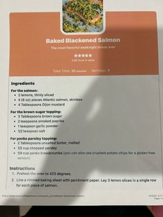 the menu for baked blackened salmon is shown here