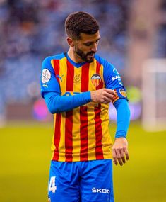 a man standing on top of a soccer field wearing a blue and yellow striped shirt