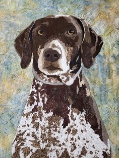 a painting of a brown and white dog with spots on it's face, sitting in front of a blue background