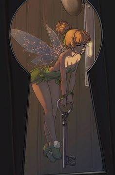 a woman dressed as tinkerbell standing in front of a keyhole