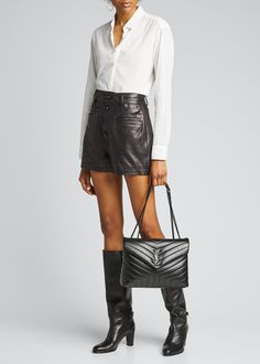 Saint Laurent Loulou Medium YSL Matelasse Calfskin Flap-Top Shoulder Bag, Matte Black Hardware - Bergdorf Goodman Ysl Loulou Bag Outfit, Ysl Loulou Bag, Ysl Outfit, Black Bag Outfit, Ysl Shoulder Bag, Backpack Outfit, White Backpack, Matte Black Hardware, Large Shoulder Bags