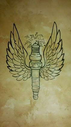 a drawing of a light bulb with wings on it's side and stars above