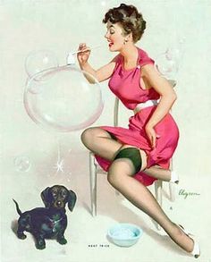 a painting of a woman sitting on a chair with bubbles in front of her and a dog