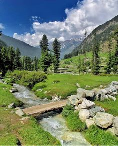 a small wooden bridge over a stream in the middle of a green field with rocks and trees