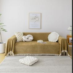 a living room with a couch, rug and potted plant on the side table