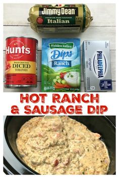 hot ranch and sausage dip recipe in a cast iron skillet with ingredients to make it