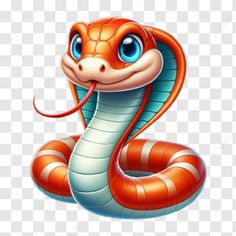 a cartoon snake with blue eyes and an orange stripe on it's head, transparent background