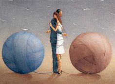 a man and woman standing next to two balls of yarn on the beach with seagulls flying in the background