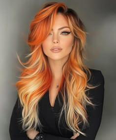 Blunt Fringe with Fall Hair Colors 2024 Copper Depth Bold Sophistication. Fall Hair Colors Orange, Orange Hair With Black Tips, Color Block Copper And Blonde Hair, Vivid Fall Hair Color, Copper And Blonde Balayage Brunette, Brown Hair Orange Highlights, Copper Sunset Hair, Fall Hairstyles 2024