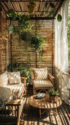 an outdoor living area with wooden slats and wicker furniture, potted plants on the wall