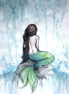 a watercolor painting of a mermaid sitting on a rock with her back to the camera