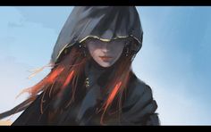 a digital painting of a woman with long red hair and black hoodie on her head