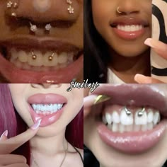 three different pictures of women with fake teeth and piercings on their mouths, one showing the