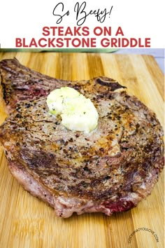 A seared steak cooked on a Blackstone griddle. Steak On Blackstone Grill, Griddle Meat Recipes, Cooking Steaks On Blackstone Griddle, Steak On A Blackstone, Tomahawk Steak On Blackstone, Black Stone Steak Recipes, Blackstone Grill Recipes Steak, Blackstone Steak Recipes, Keto Blackstone Griddle Recipes