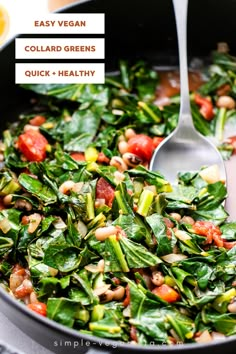 a skillet filled with spinach and other vegetables