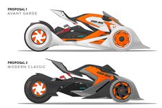 an orange and white motorcycle is shown in three different views