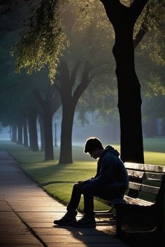 a man sitting on a park bench in the dark with trees and grass behind him