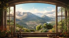 an open window looking out onto a scenic mountain valley with flowers on the windowsill