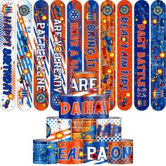 PRICES MAY VARY. Dart Battle Party Decorations: slap bracelets suit to decorate game theme party, craft themed party, friend gathering, birthday party, shower party, dart battle theme party, arcade party, and are nice for gun party supplies for fans; dart battle party decorations can also be applied as souvenirs to adorn your dinner table Dart Battle Bracelets Designs: dart battle snap bracelets are designed from distinctive elements, and have different shapes and features, which will increase t Friend Gathering, Battle Party, Arcade Party, Pirate Coins, Bracelet For Kids, Nerf Party, Party Fans, Halloween Goodie Bags, 9th Birthday Parties