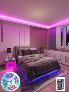 a bedroom with purple lighting and a bed in the middle is lit up by colorful lights