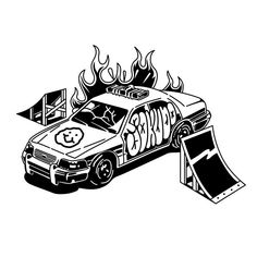 a black and white drawing of a car with flames coming out of it