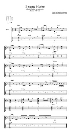 sheet music with the words besame mucho written in spanish and english on it