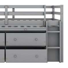 a gray bunk bed with drawers and shelves on the bottom shelf, against a white background