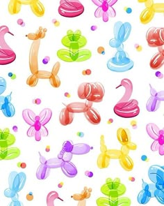 an image of many balloons in the shape of animals and flowers on a white background