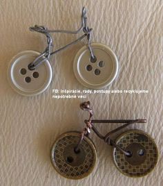 two bicycles made from buttons and paperclips on a white sheet with text