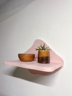 a pink shelf with a potted plant on it and a wooden bowl next to it