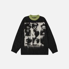 Front view of the black Y2K Abstract Faces Sweater in a gray background Y2k Abstract, Trim Styles, Oversized Jumper, Abstract Face, Knit Sweaters, Abstract Faces, Abstract Portrait, Style Sweater, Denim Trousers