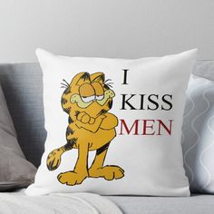 a cartoon character with glasses on his face and the words i kiss men throw pillow