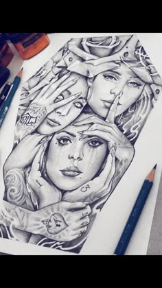 a pencil drawing of two women with tattoos on their arms and shoulders, one holding the other's head