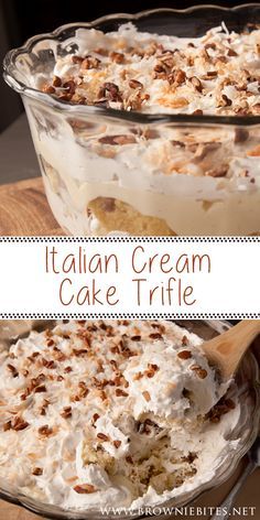 italian cream cake trifle with whipped cream and pecans in the center, on a wooden board