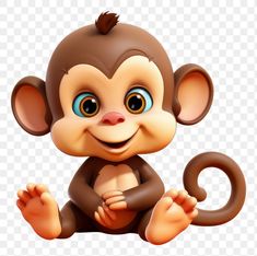 a cartoon monkey with big eyes sitting on the ground, looking at the camera and smiling