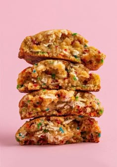 three cookies stacked on top of each other with sprinkles and chocolate chips