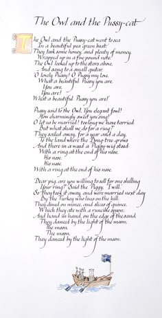 a poem written in black ink on white paper with an image of a sailboat