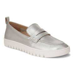 a women's silver loafer with a white outstep on the side