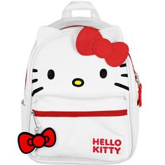 Hello Kitty is not like other cats. She can't waste her day taking naps and sunbathing, she wants to spend her time hanging with friends and learning new things. That's exactly why this Hello Kitty character backpack is great as a companion on all of your adventures. This white faux leather backpack features a Hello Kitty face with whiskers and a 3D amazing bow. There is a main compartment to carry all of the essentials, as well as a front zipper pocket with a red rubber bow charm. There is also 3d Applique, Hello Kitty Merchandise, Charmmy Kitty, Cartoon Backpack, Hello Kitty Bag, Mini Mochila, Hello Kitty Characters, Faux Leather Backpack, Plush Backpack