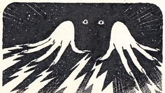 an old black and white drawing of two ghost like creatures in the night sky with their eyes open