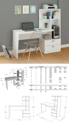 an office desk with shelves and drawers