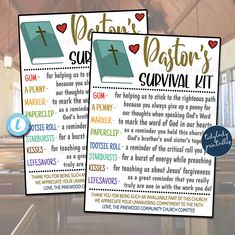 two posters with the words pastor's survival kit and an image of a cross