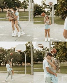 a man and woman playing basketball in the park