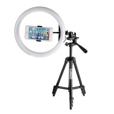 a tripod with a cell phone on it and a camera in front of it