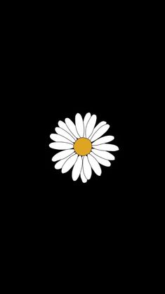 a black background with a white flower on the center and yellow center in the middle