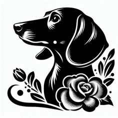 a black and white drawing of a dog with flowers