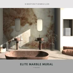 a bathroom with marble walls and flooring is featured in this ad for the company