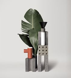 an assortment of concrete blocks and plants