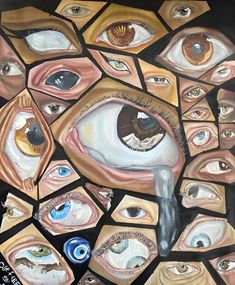 an artistic painting with many different colored eyes