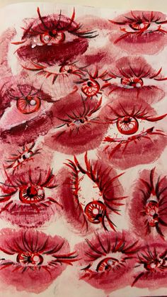 a drawing with red and black ink on white paper, depicting different types of eyes